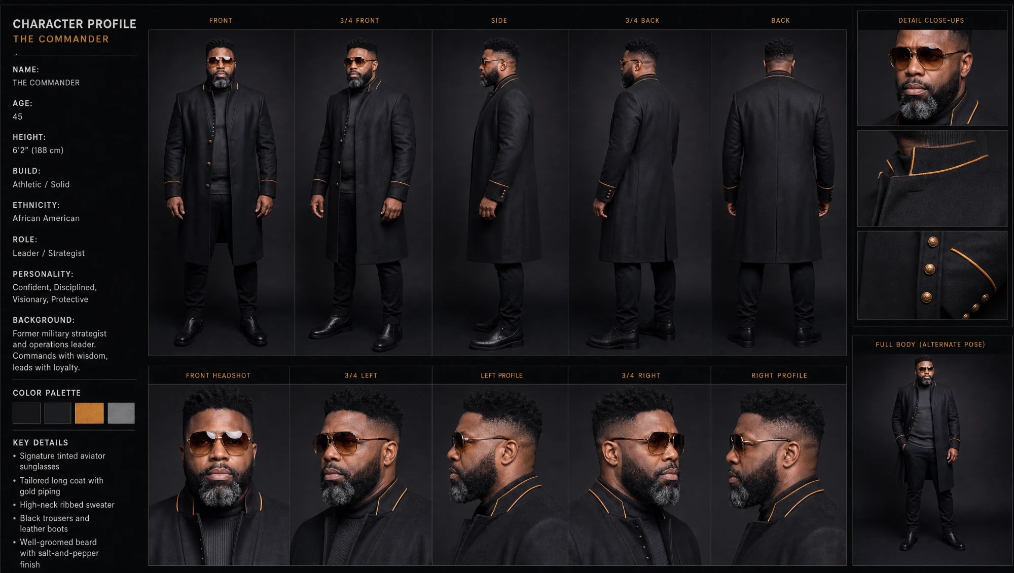 Character profile sheet for The Commander: front, side and back views, headshots, and close-ups of the gold-piped coat