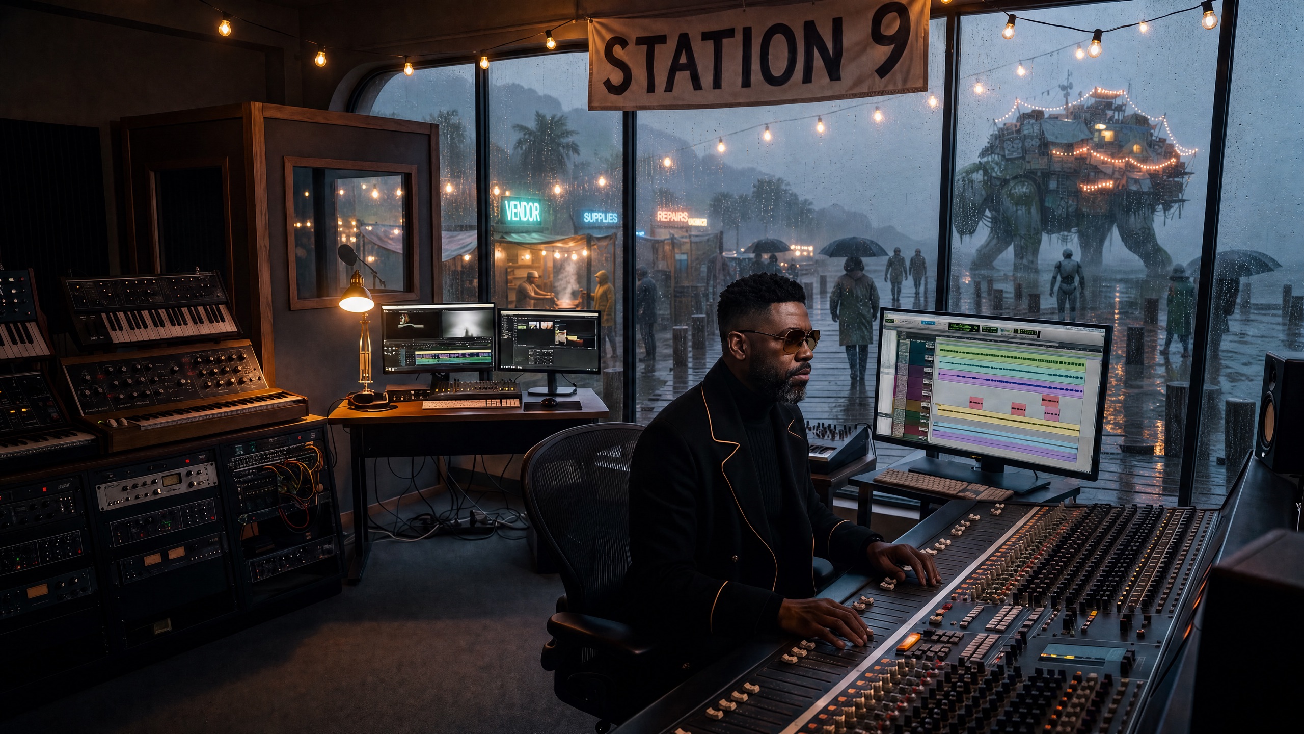 The Commander at a mixing console inside a glass-walled studio at the top of Station 9