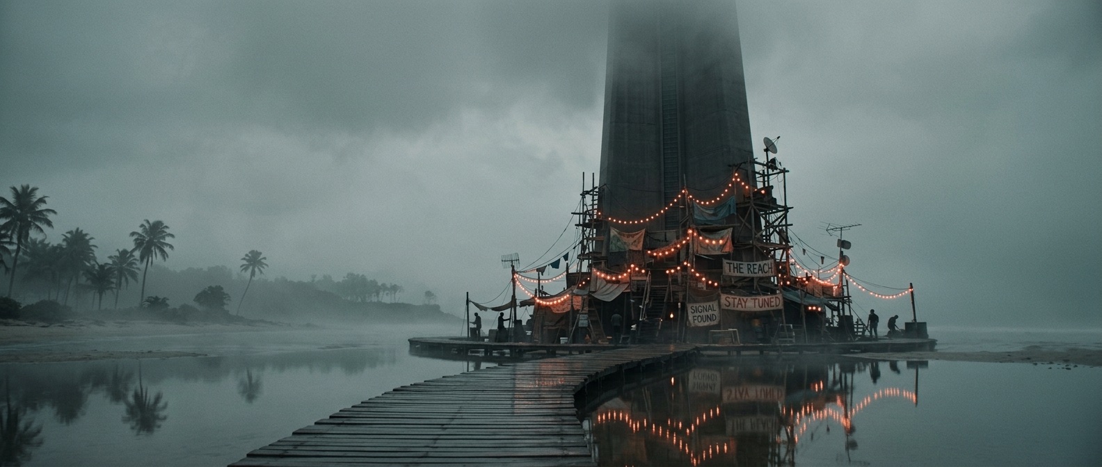 Misty tidal flats and a timber boardwalk leading to the Station 9 tower